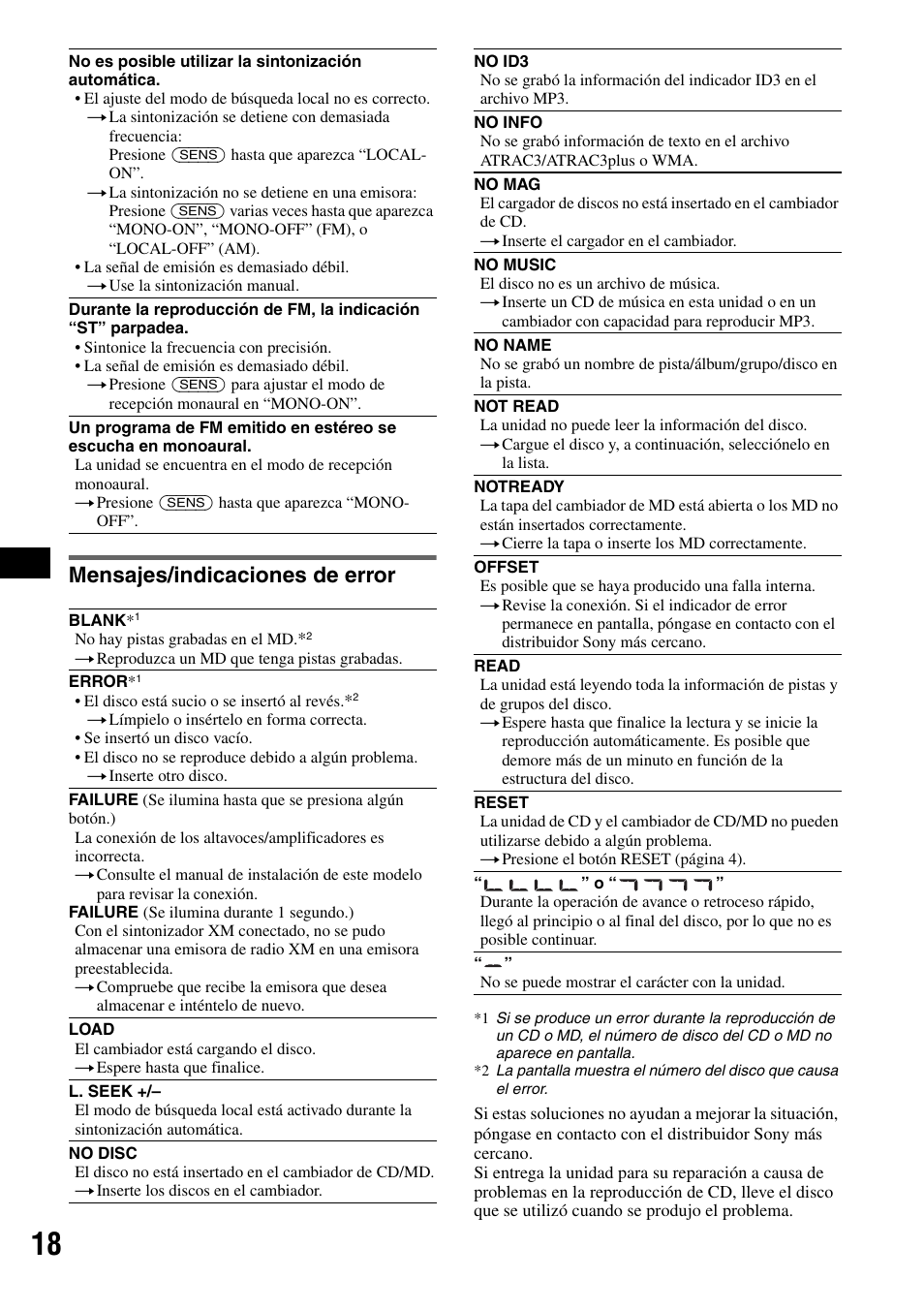 Mensajes/indicaciones de error | Sony CDX-GT40W User Manual | Page 34 / 36