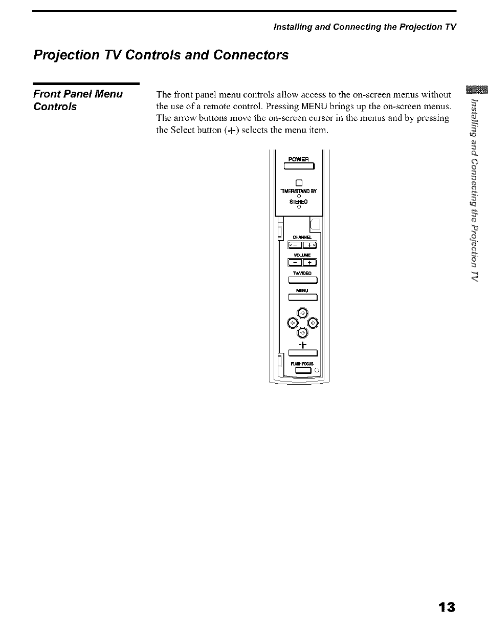 Projection tv controls and connectors, Front panel menu controls | Sony KP 51HW40 User Manual | Page 13 / 81