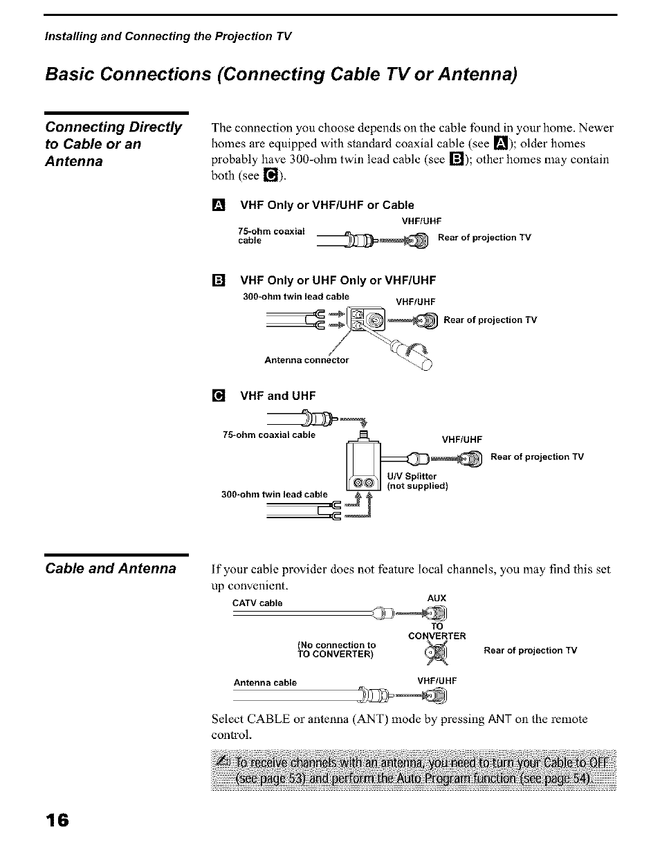 Basic connections (connecting cabie tv or antenna), Iih' ■®ii, Connecting directly to cable or an antenna | Cable and antenna | Sony KP 51HW40 User Manual | Page 16 / 81