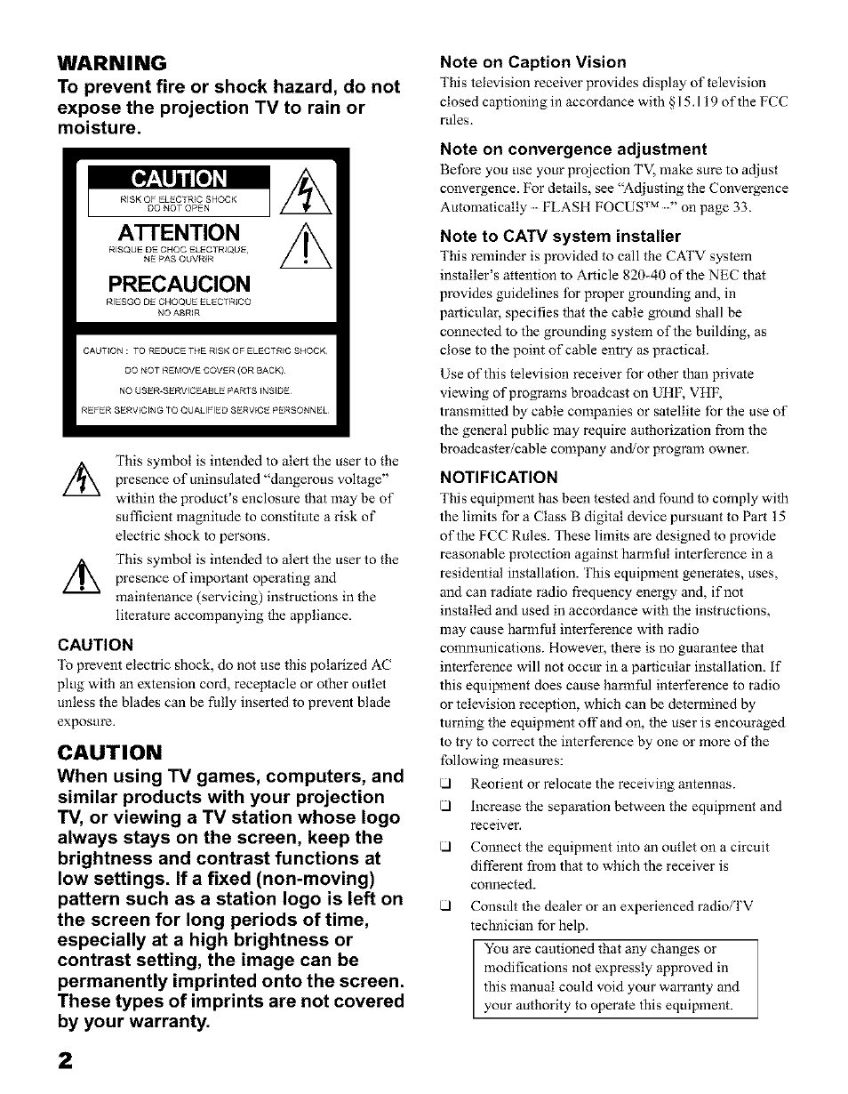 Caution, Note on caption vision, Note on convergence adjustment | Note to catv system installer, Notification, Attention, Precaucion | Sony KP 51HW40 User Manual | Page 2 / 81