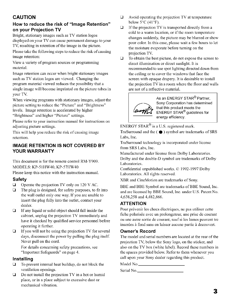 Image retention is not covered by your warranty, Safety, Installing | Attention, Owner’s record, Caution | Sony KP 51HW40 User Manual | Page 3 / 81
