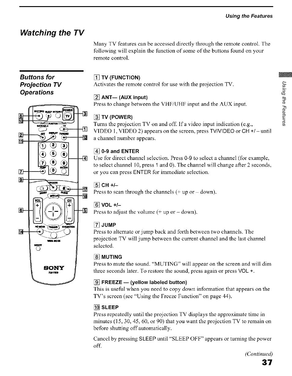 Watching the tv, G] tv (function), 2] ant— (aux input) | 3] tv (power), 4] 0-9 and enter, U ch h, 6] vol +1, J\ jump, G] muting, 9] freeze — (yellow labeled button) | Sony KP 51HW40 User Manual | Page 37 / 81