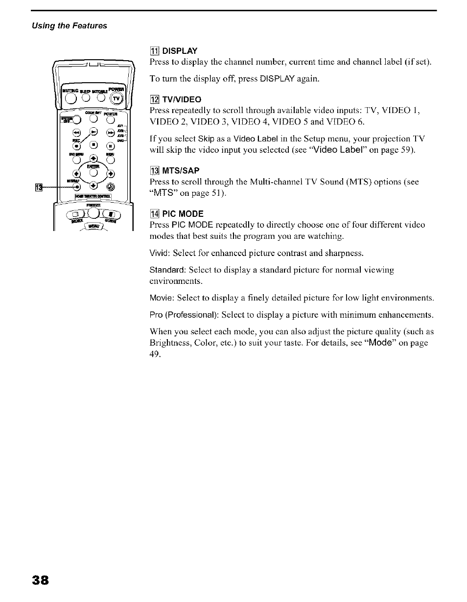 55 display, 51 tv/video, 51 mts/sap | 53 pic mode | Sony KP 51HW40 User Manual | Page 38 / 81