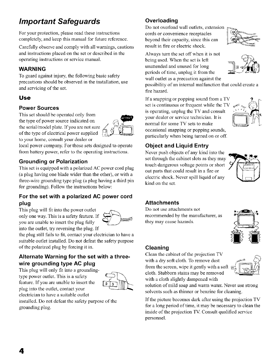Important safeguards, Warning, Power sources | Grounding or polarization, For the set with a polarized ac power cord plug, Overloading, Object and liquid entry, Attachments, Cleaning | Sony KP 51HW40 User Manual | Page 4 / 81