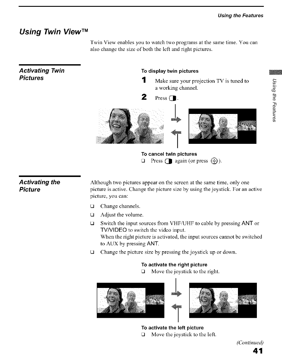 Using twin view, To display twin pictures, To activate the right picture | To activate the left picture | Sony KP 51HW40 User Manual | Page 41 / 81
