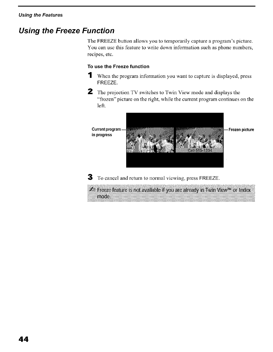 Using the freeze function, To use the freeze function | Sony KP 51HW40 User Manual | Page 44 / 81