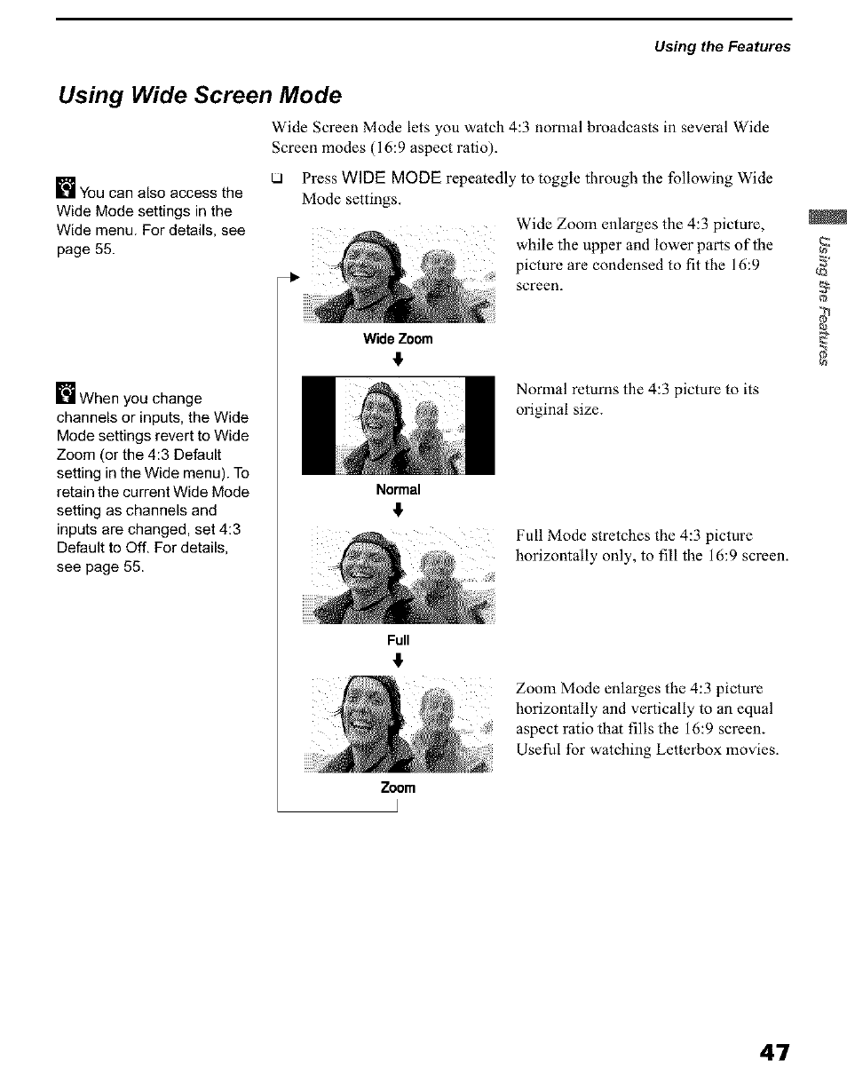 Using wide screen mode, Wide zoom | Sony KP 51HW40 User Manual | Page 47 / 81
