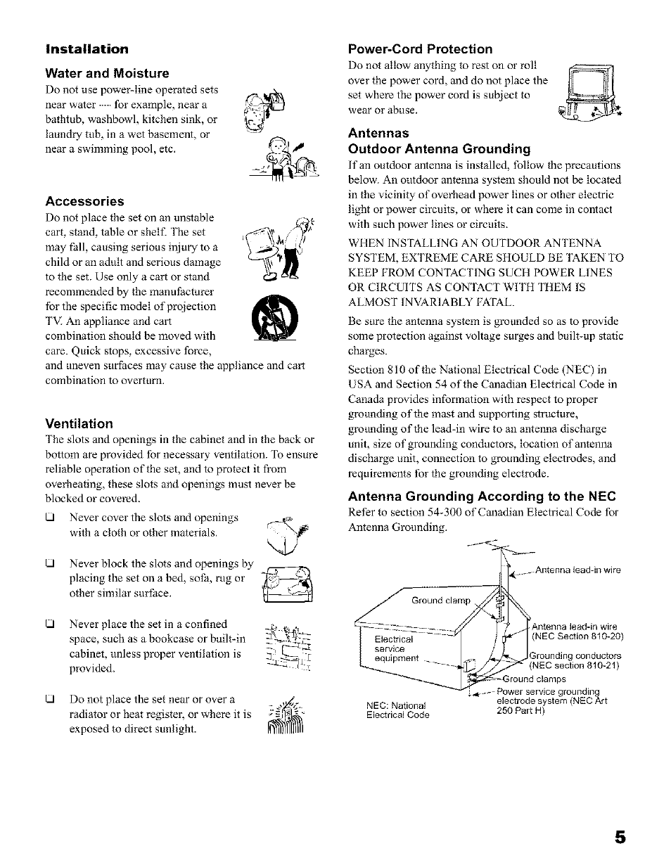 Installation, Water and moisture, Accessories | Ventilation, Power-cord protection, Antennas, Outdoor antenna grounding, Antenna grounding according to the nec | Sony KP 51HW40 User Manual | Page 5 / 81