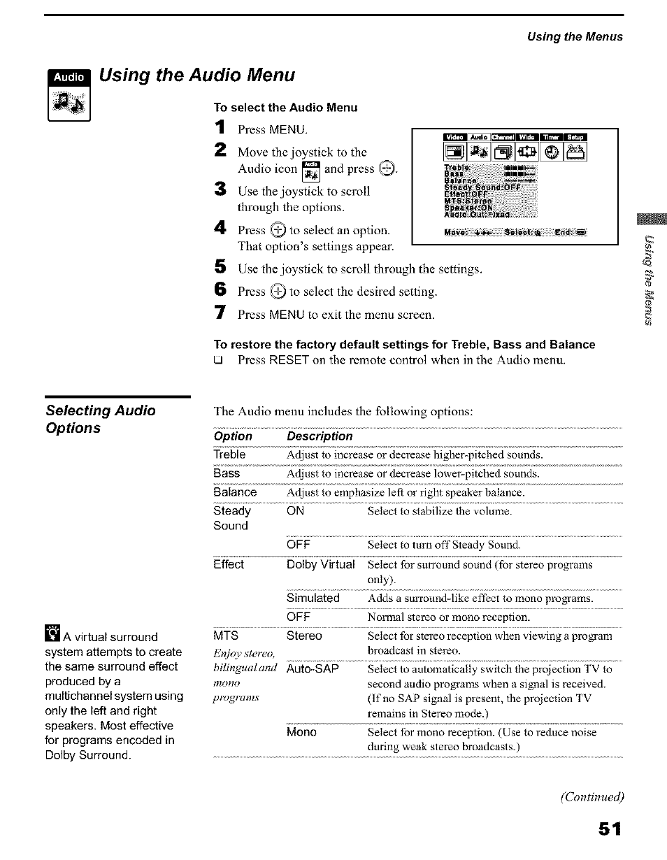 Using the audio menu, To select the audio menu, Selecting audio options | Sony KP 51HW40 User Manual | Page 51 / 81