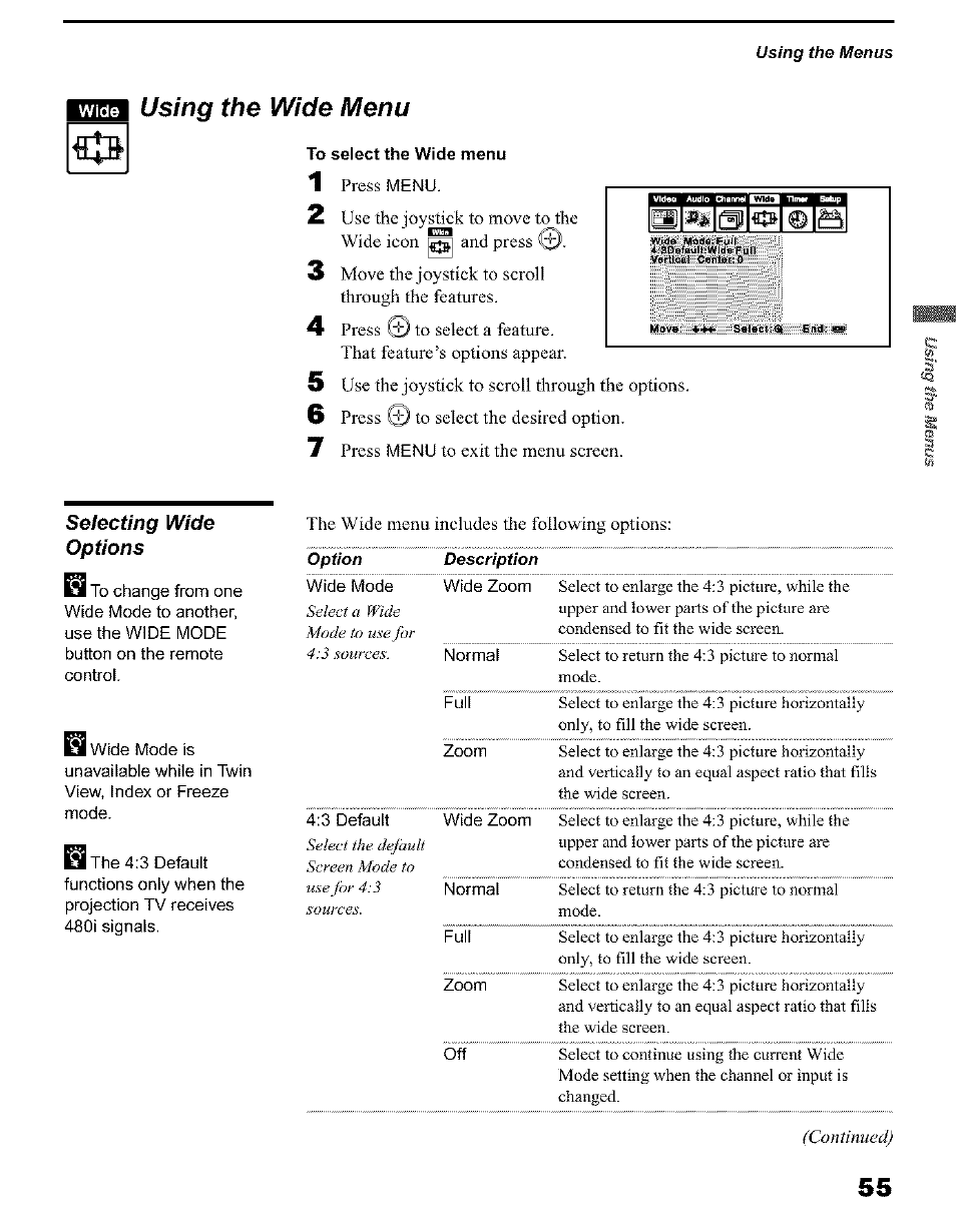 To select the wide menli, Using the wide menu, Selecting wide options | Sony KP 51HW40 User Manual | Page 55 / 81