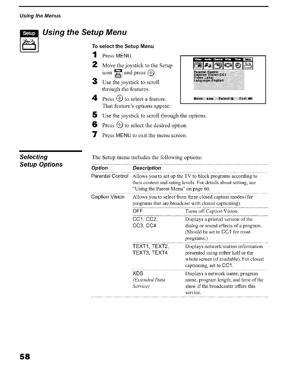 To select the setup menu, Using the setup menu, Selecting setup options | Sony KP 51HW40 User Manual | Page 58 / 81
