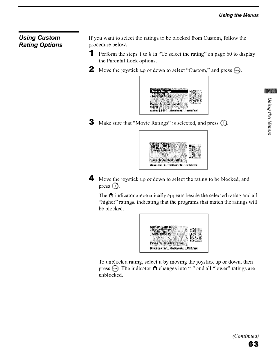 Using custom rating options, C o n tin u ed ) | Sony KP 51HW40 User Manual | Page 63 / 81