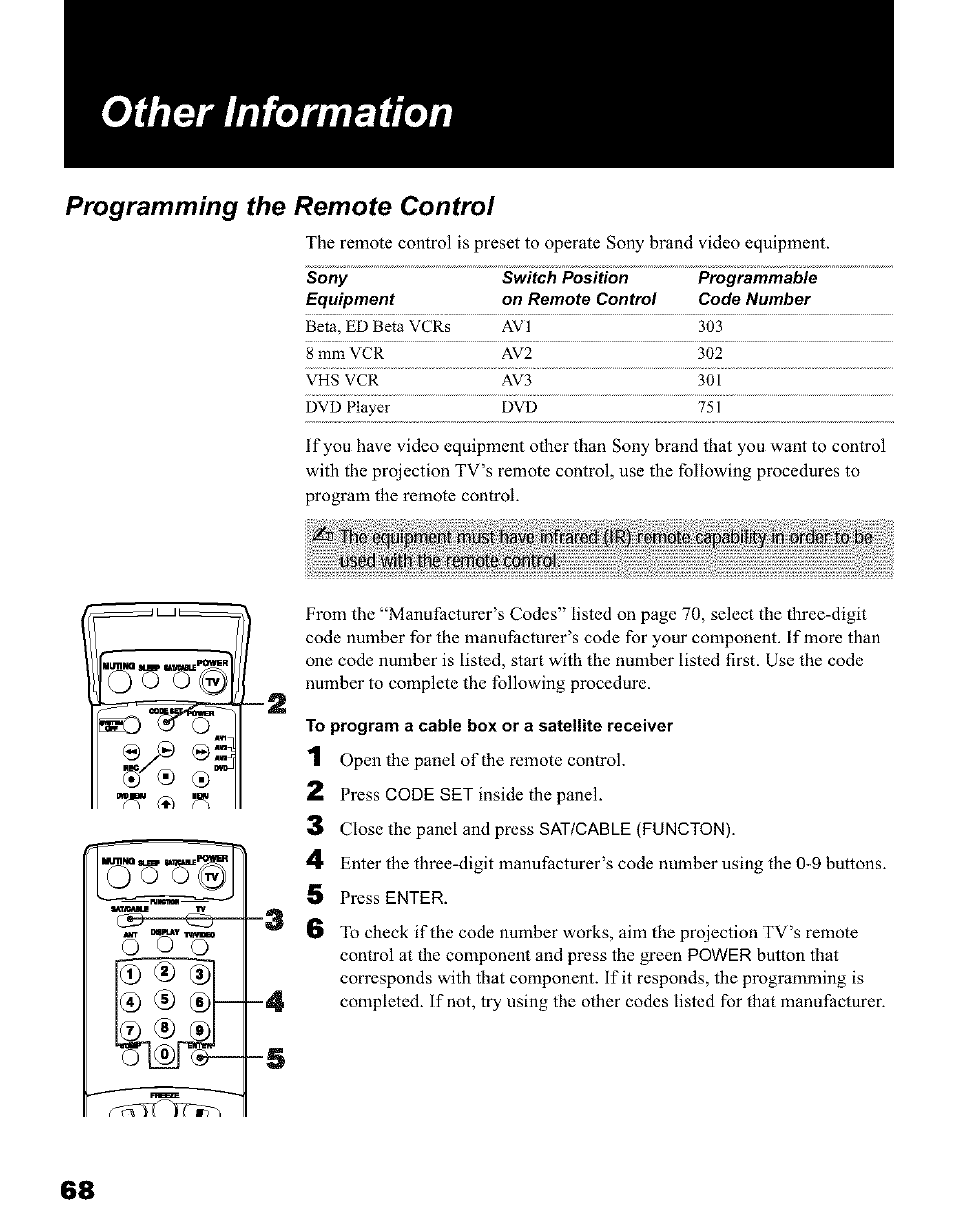 Other information, Programming the remote control, To program a cable box or a satellite receiver | Sony KP 51HW40 User Manual | Page 68 / 81
