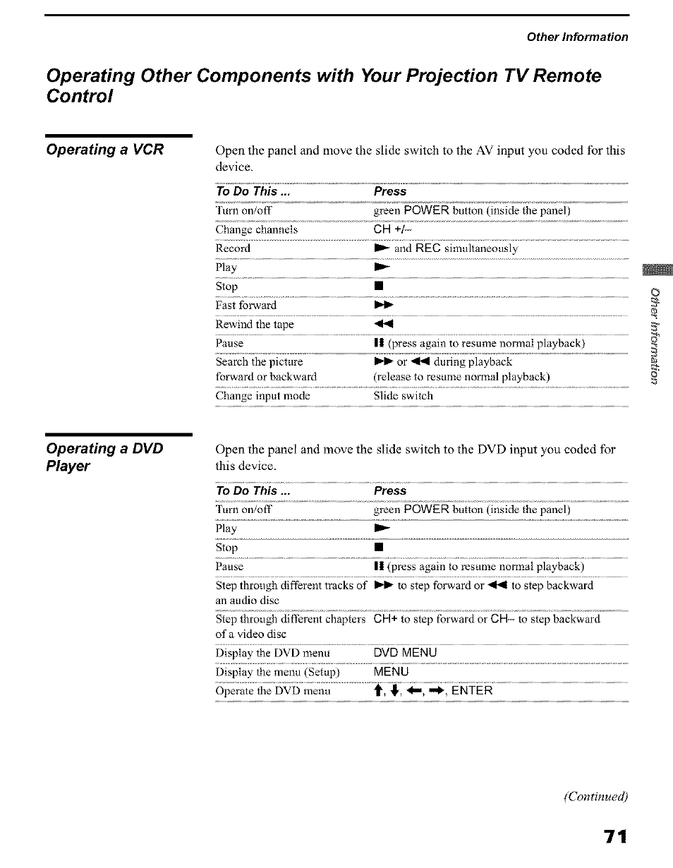 Operating a vcr, Operating a dvd piayer, C o n tin u ed ) | Sony KP 51HW40 User Manual | Page 71 / 81