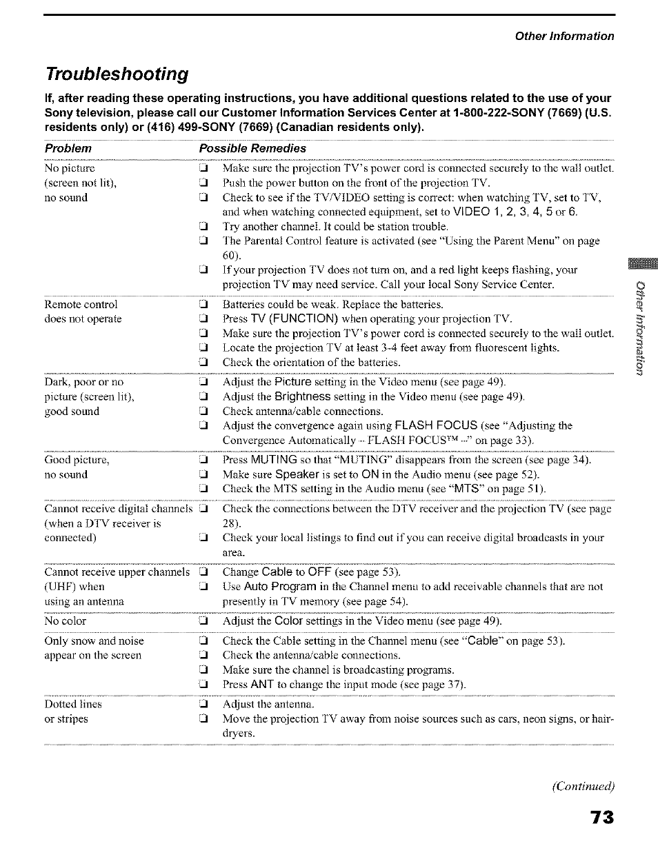 Troubleshooting, T roubleshooting | Sony KP 51HW40 User Manual | Page 73 / 81