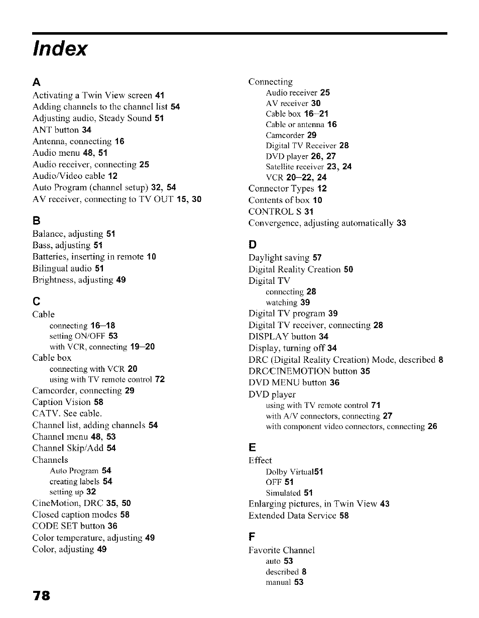 Index | Sony KP 51HW40 User Manual | Page 78 / 81