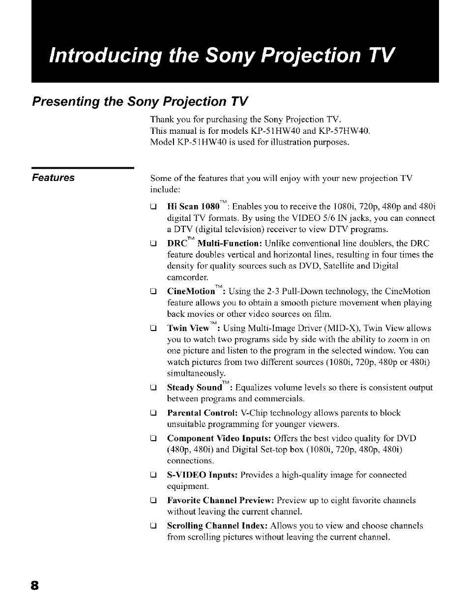 Introducing the sony projection tv, Presenting the sony projection tv | Sony KP 51HW40 User Manual | Page 8 / 81