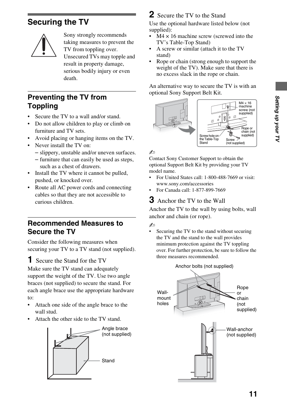 Securing the tv, Preventing the tv from toppling, Recommended measures to secure the tv | Sony Bravia KDL-22EX308 User Manual | Page 11 / 24