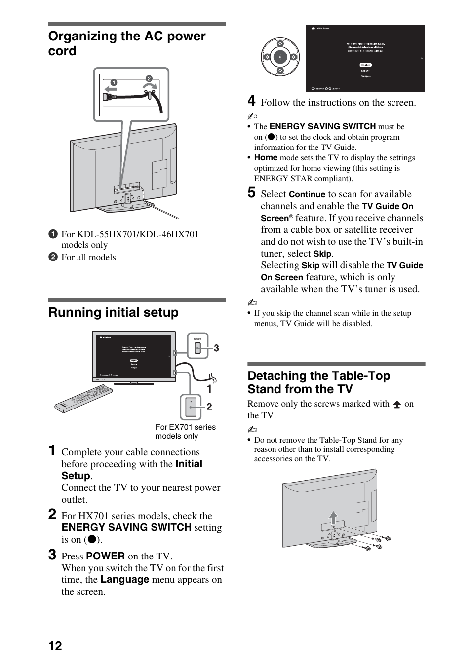 Organizing the ac power cord, Running initial setup, Detaching the table-top stand from the tv | Sony Bravia KDL-22EX308 User Manual | Page 12 / 24