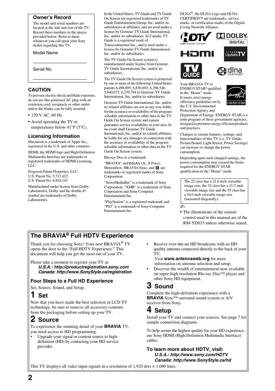 The bravia, Full hdtv experience, Source | Sound, Setup | Sony Bravia KDL-22EX308 User Manual | Page 2 / 24