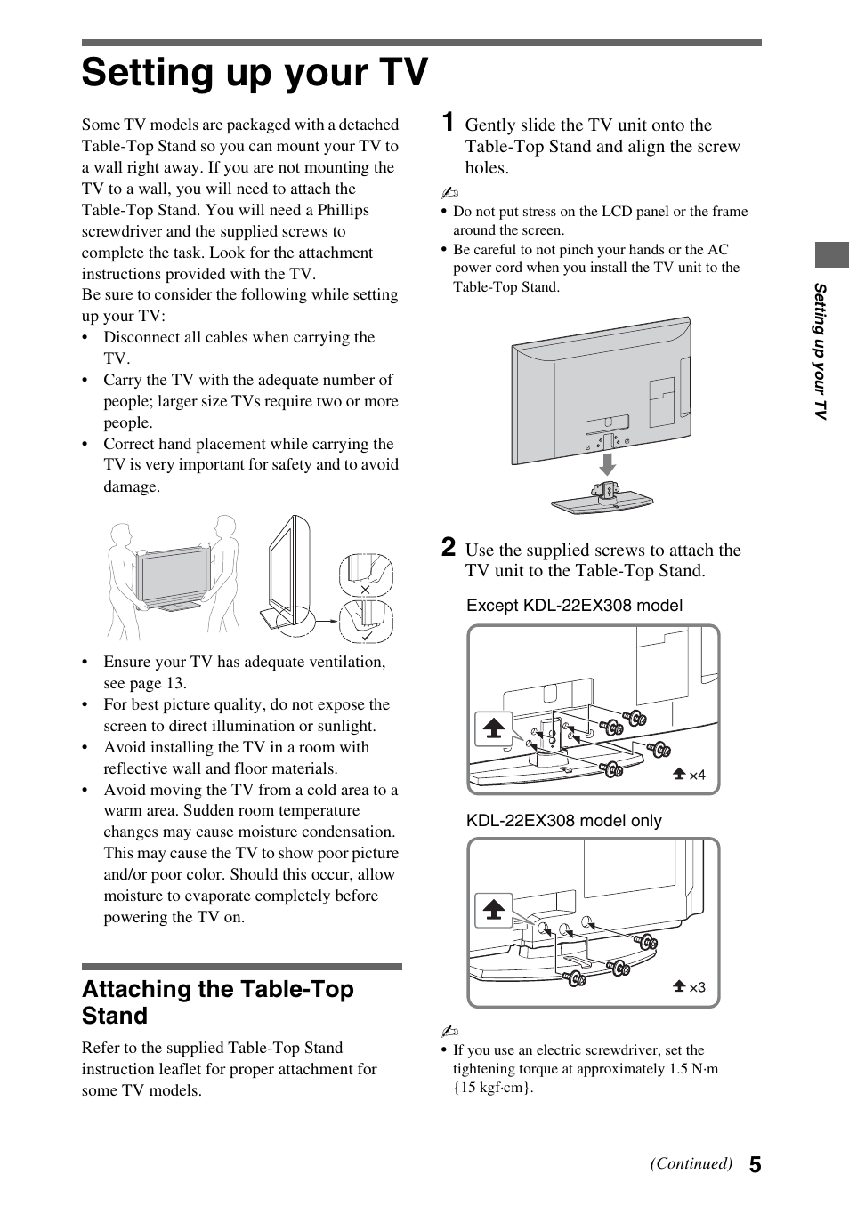 Setting up your tv, Attaching the table-top stand | Sony Bravia KDL-22EX308 User Manual | Page 5 / 24