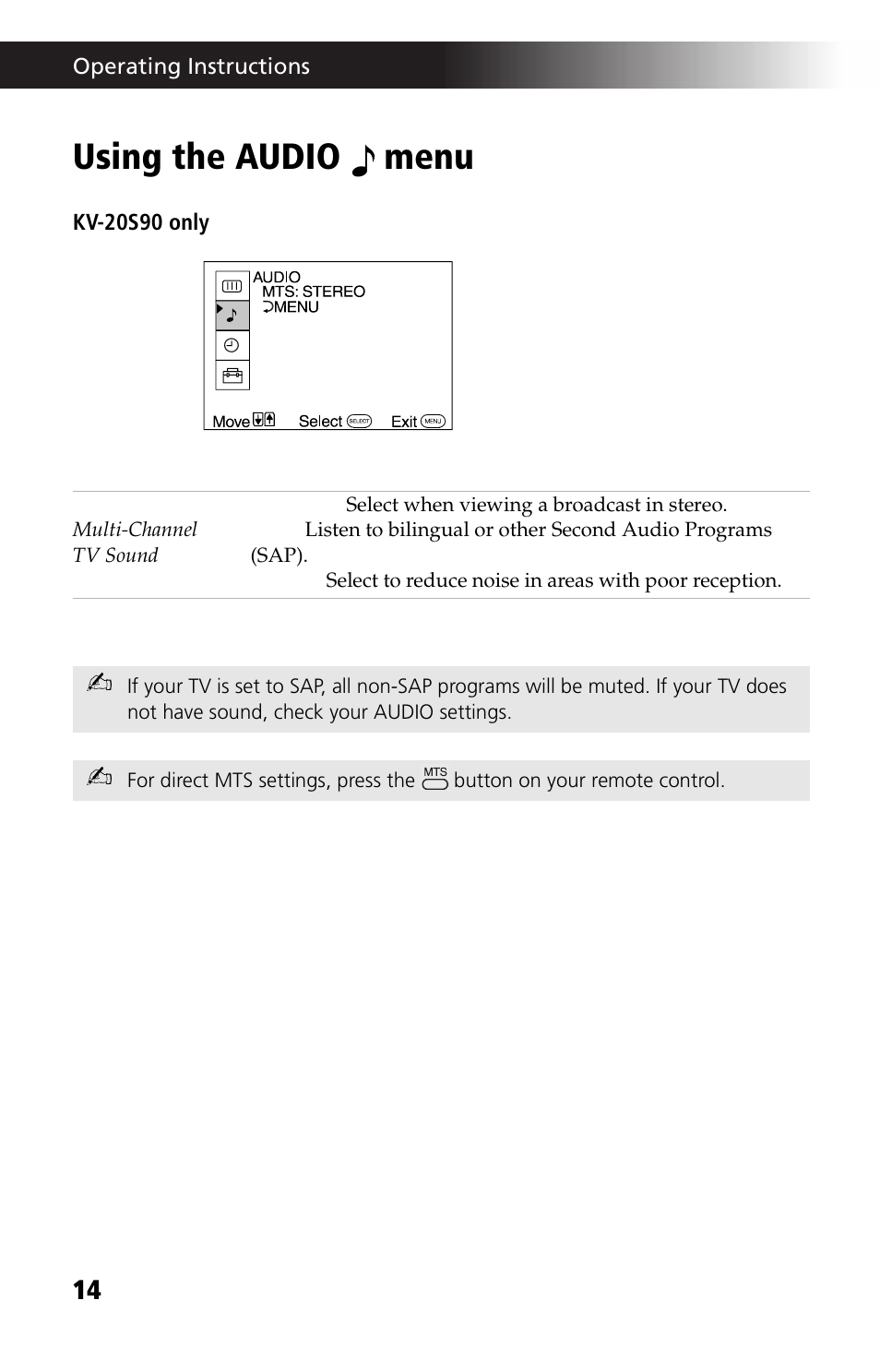 Using the audio menu, Using the audio | Sony KV 13M42 User Manual | Page 26 / 48