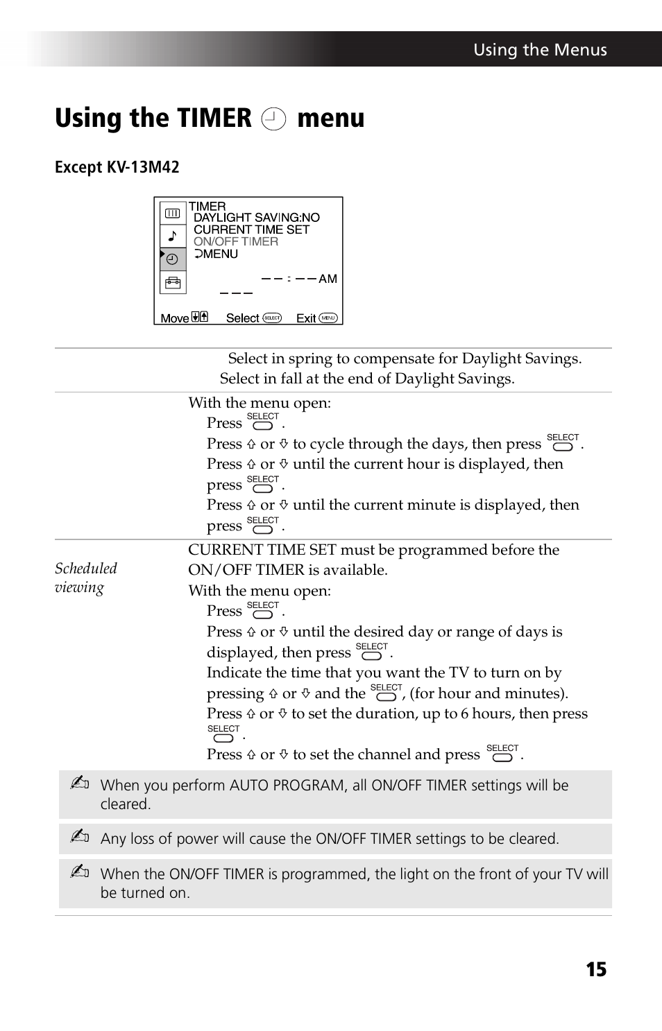 Using the timer menu | Sony KV 13M42 User Manual | Page 27 / 48