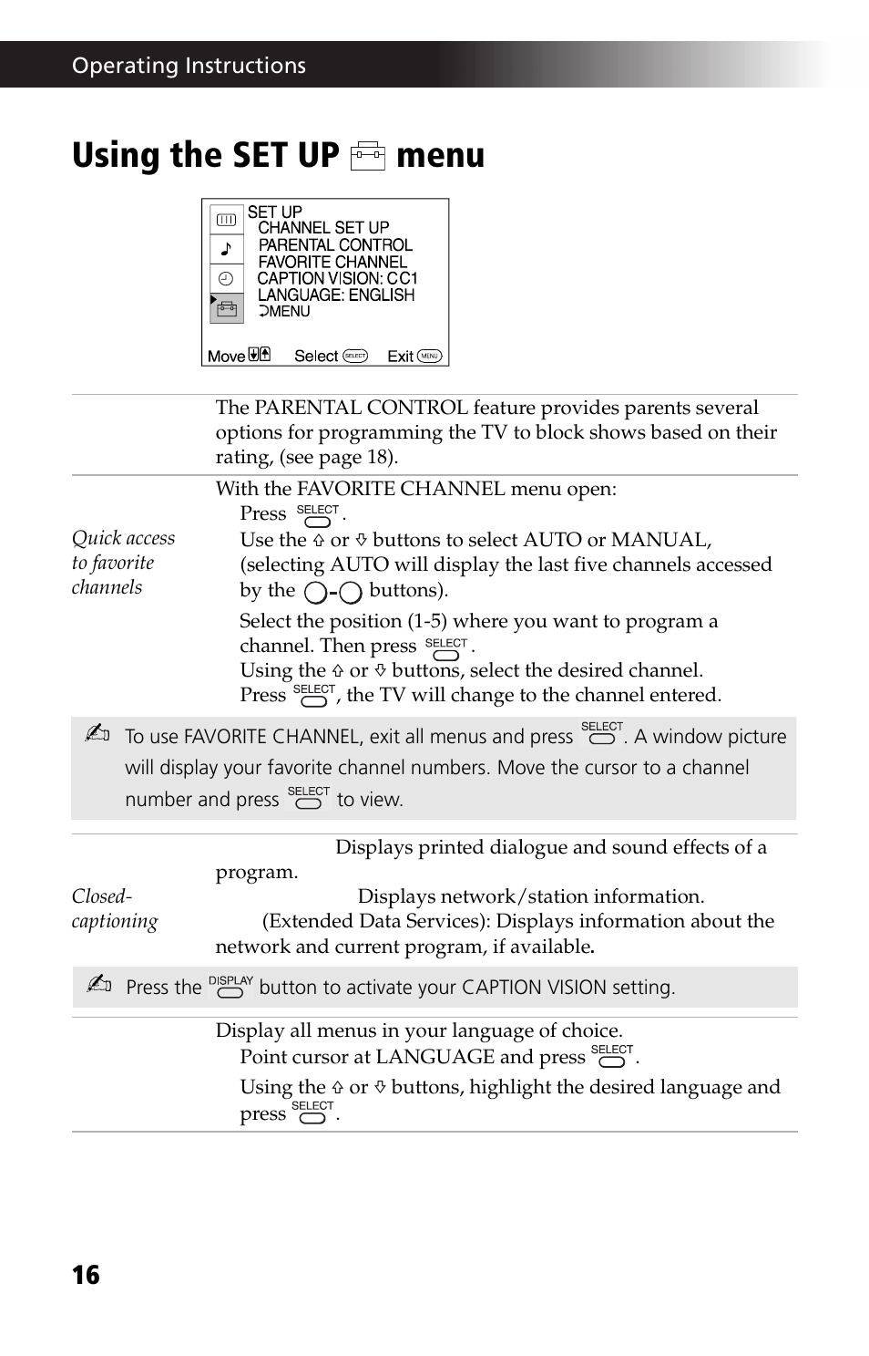 Using the set up menu | Sony KV 13M42 User Manual | Page 28 / 48