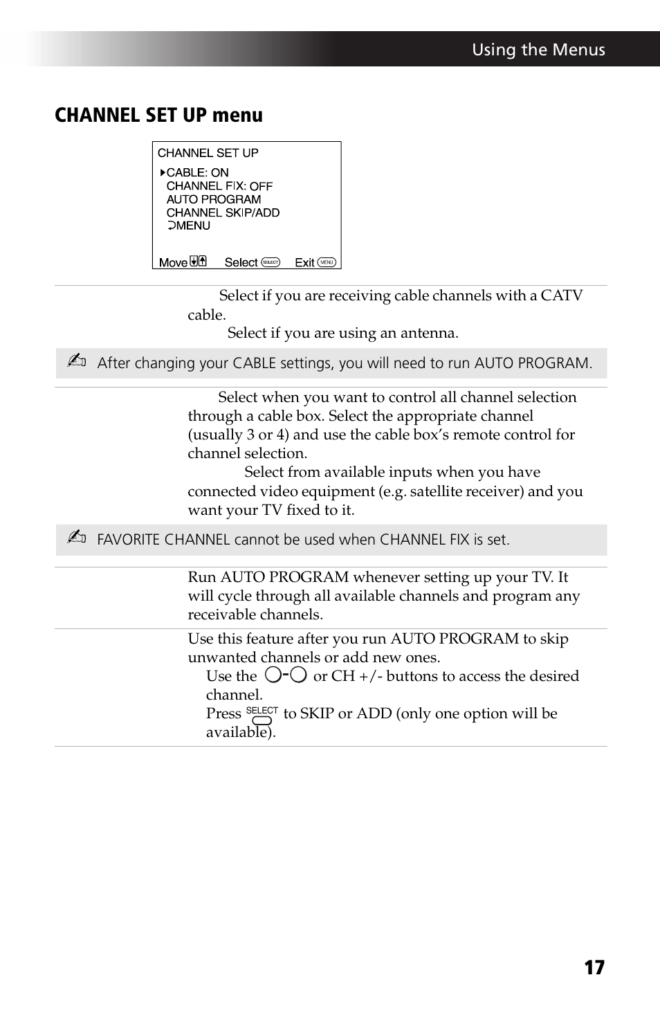 17 channel set up menu | Sony KV 13M42 User Manual | Page 29 / 48