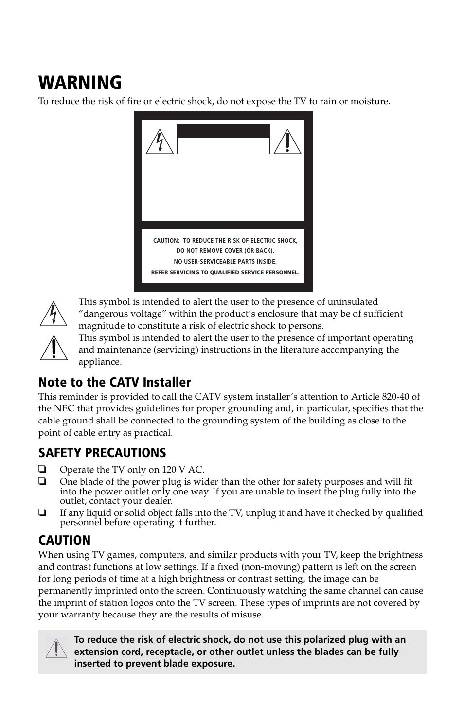 Warning, Safety precautions, Caution | User guide | Sony KV 13M42 User Manual | Page 3 / 48