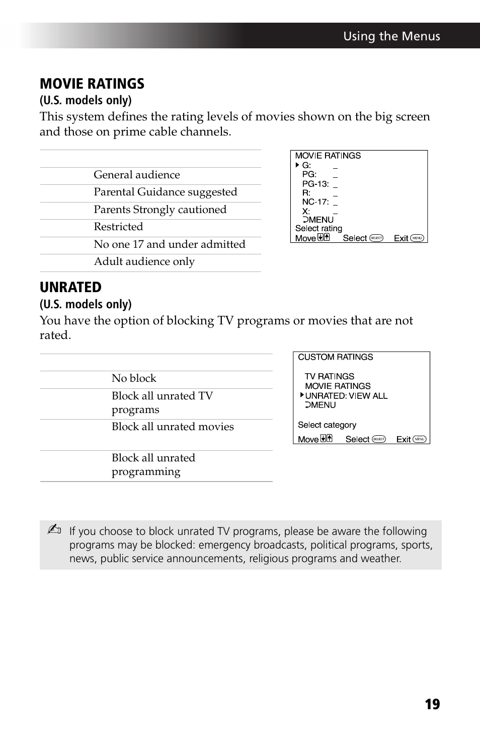 19 movie ratings, Unrated | Sony KV 13M42 User Manual | Page 31 / 48