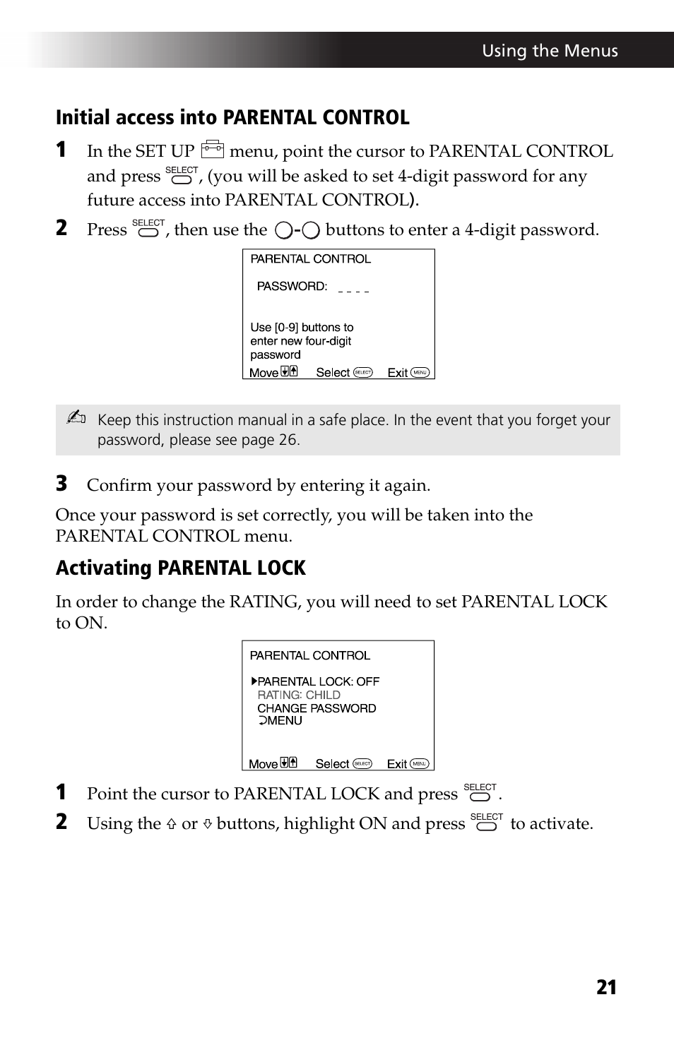 21 initial access into parental control, Activating parental lock | Sony KV 13M42 User Manual | Page 33 / 48