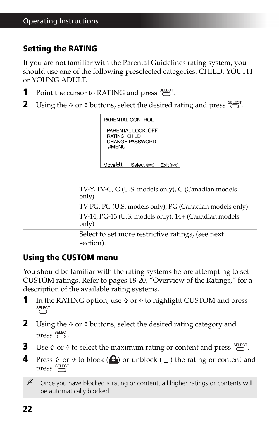 Setting the rating, Using the custom menu | Sony KV 13M42 User Manual | Page 34 / 48