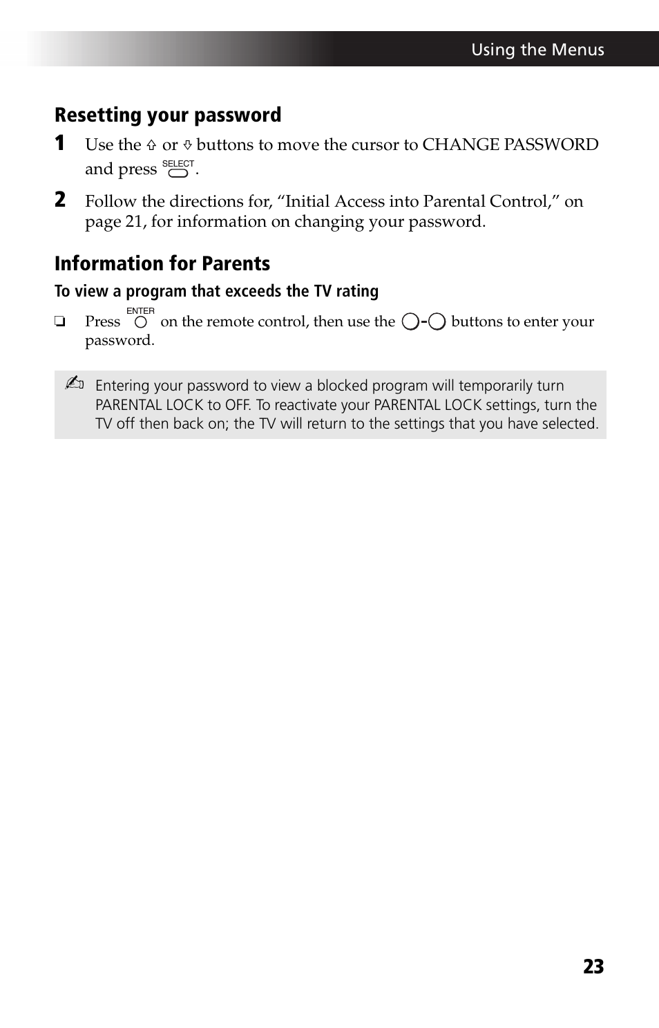 23 resetting your password, Information for parents | Sony KV 13M42 User Manual | Page 35 / 48