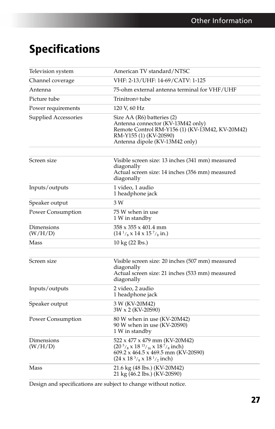 Specifications, Other information | Sony KV 13M42 User Manual | Page 39 / 48