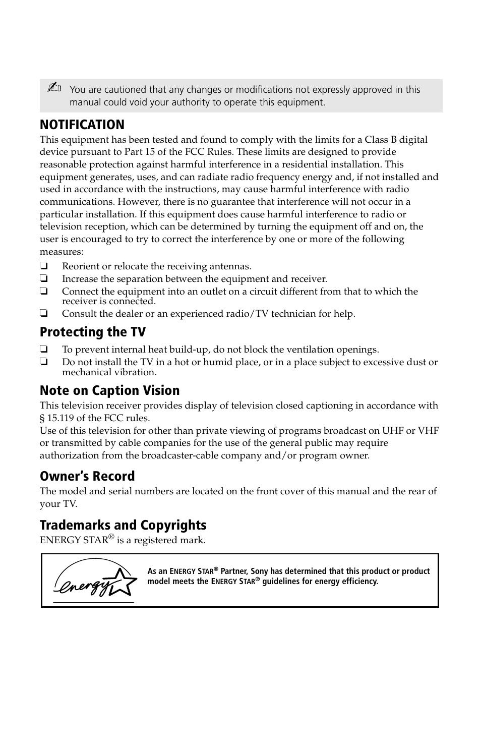 Notification, Protecting the tv, Owner’s record | Trademarks and copyrights, Connecting additional equipment | Sony KV 13M42 User Manual | Page 4 / 48