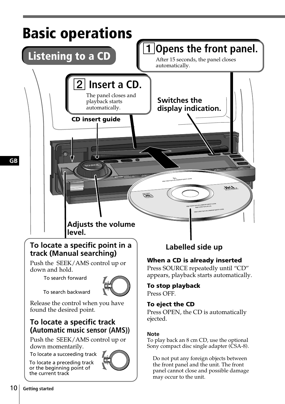 Basic operations, Listening to a cd, 2 insert a cd | 1 opens the front panel | Sony CDX-C90R User Manual | Page 10 / 170