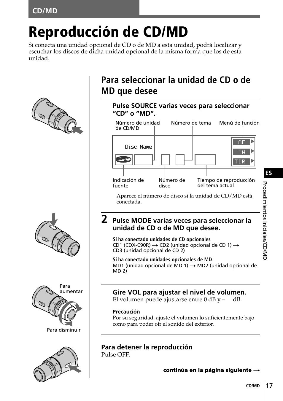 Reproducción de cd/md, Para seleccionar la unidad de cd o de md que desee | Sony CDX-C90R User Manual | Page 101 / 170