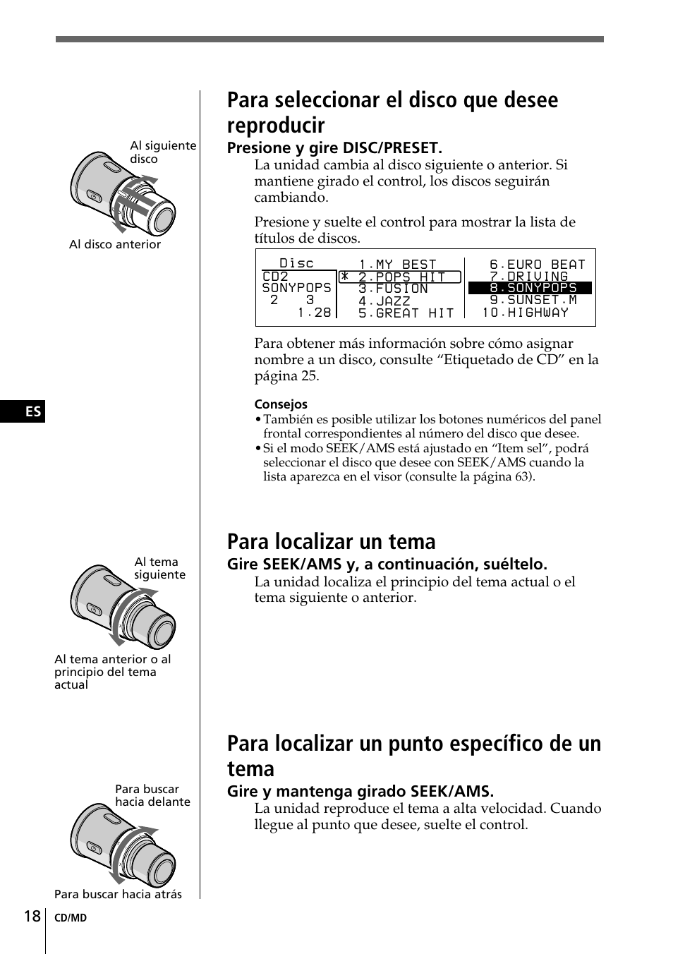 Para seleccionar el disco que desee reproducir, Para localizar un tema, Para localizar un punto específico de un tema | Sony CDX-C90R User Manual | Page 102 / 170