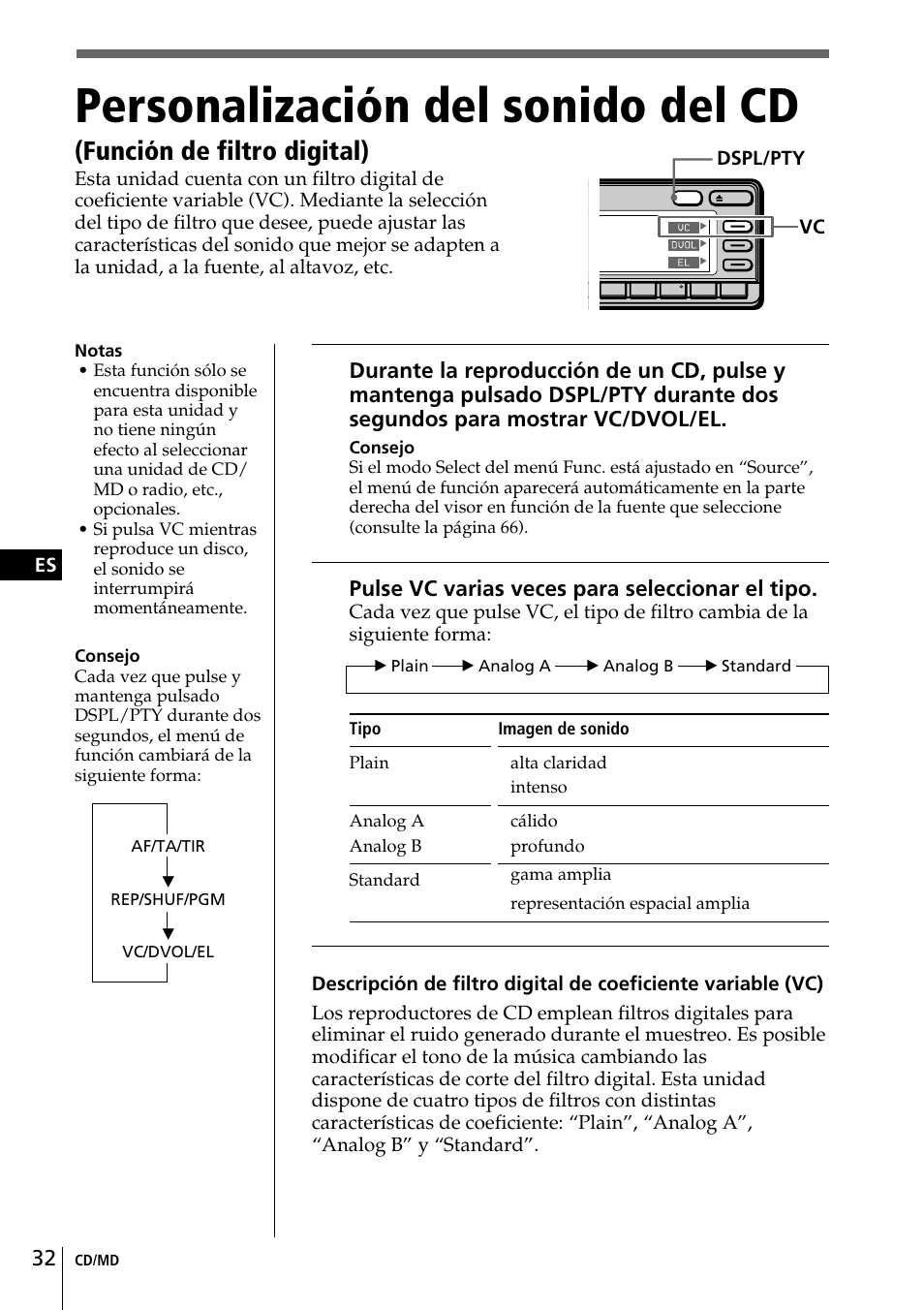 Personalización del sonido del cd, Función de filtro digital) | Sony CDX-C90R User Manual | Page 116 / 170