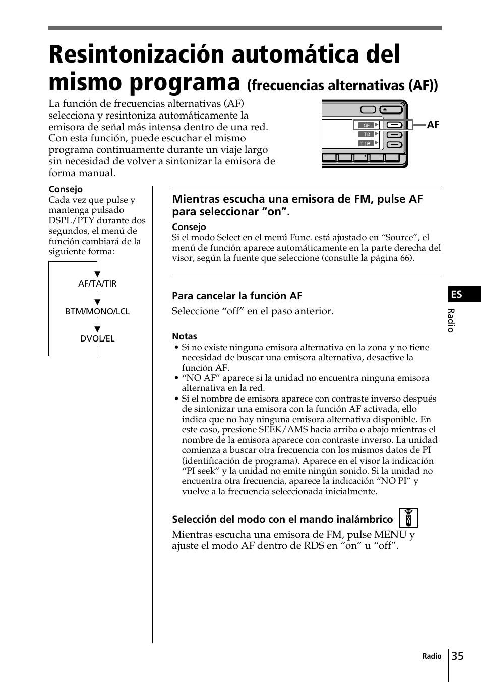 Resintonización automática del mismo programa, Frecuencias alternativas (af)) | Sony CDX-C90R User Manual | Page 119 / 170
