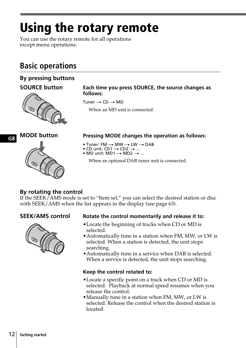 Using the rotary remote, Basic operations | Sony CDX-C90R User Manual | Page 12 / 170