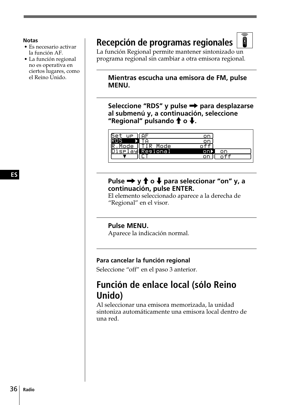 Recepción de programas regionales, Función de enlace local (sólo reino unido) | Sony CDX-C90R User Manual | Page 120 / 170