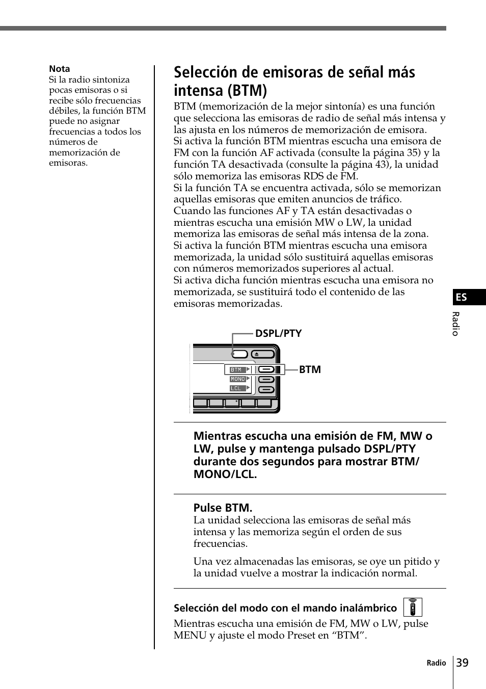Selección de emisoras de señal más intensa (btm), Pulse btm | Sony CDX-C90R User Manual | Page 123 / 170