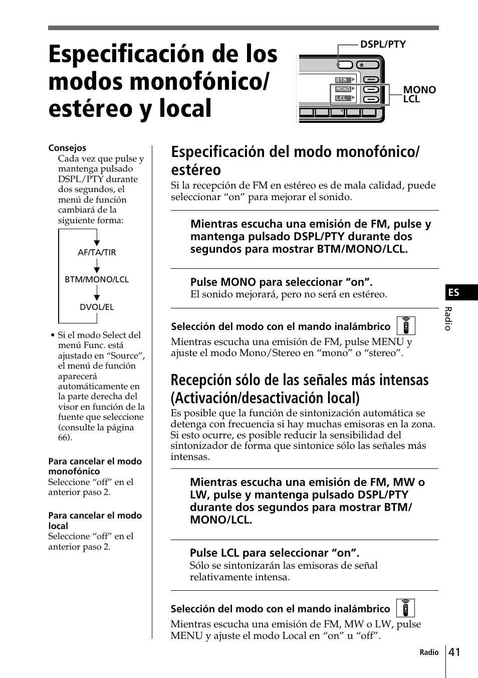 Especificación del modo monofónico/ estéreo | Sony CDX-C90R User Manual | Page 125 / 170