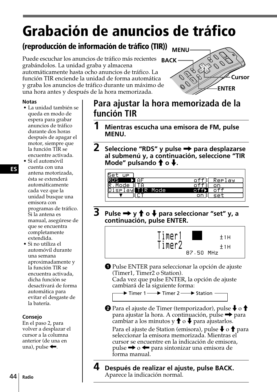Grabación de anuncios de tráfico, Reproducción de información de tráfico (tir)) | Sony CDX-C90R User Manual | Page 128 / 170