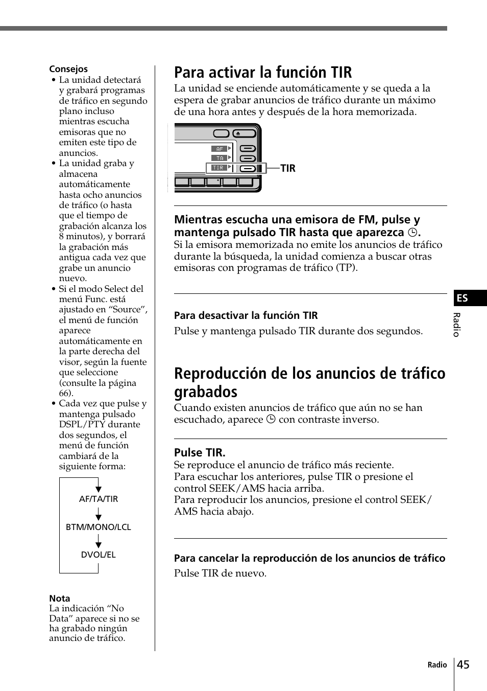 Para activar la función tir, Reproducción de los anuncios de tráfico grabados, Pulse tir | Sony CDX-C90R User Manual | Page 129 / 170