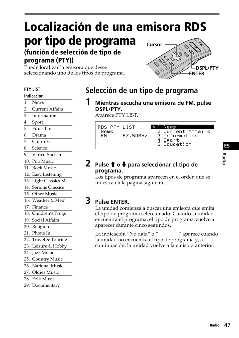 Selección de un tipo de programa, Función de selección de tipo de programa (pty)) | Sony CDX-C90R User Manual | Page 131 / 170