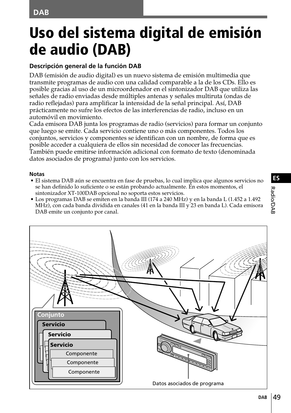 Uso del sistema digital de emisión de audio (dab), Conjunto | Sony CDX-C90R User Manual | Page 133 / 170