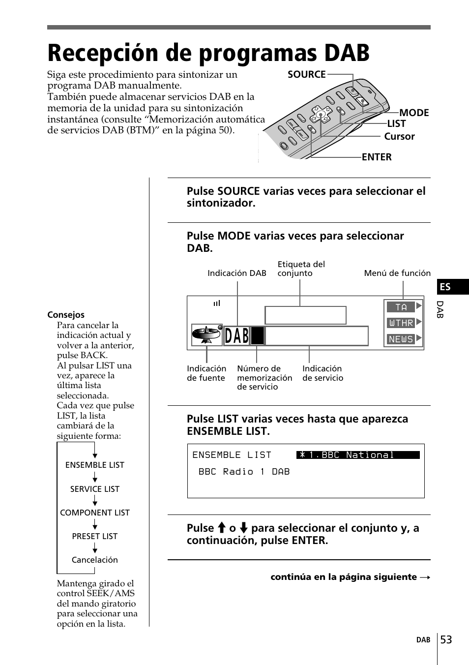 Recepción de programas dab, Bbc dab 8 radio 2 dab national bbc | Sony CDX-C90R User Manual | Page 137 / 170